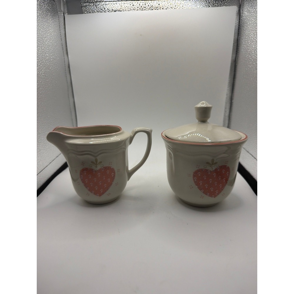 Vintage Tienshan "Heartwarming"  Stoneware Creamer and Sugar Bowl